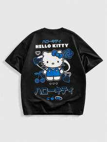 ROMWE MEN HELLO KITTY AND FRIENDS | ROMWE تي شيرت رجالي كاجوال بطبعة حرف وقطة على الرقبة المستديرة، أكمام قصيرة، صيفي - الأسود - مشاهدة 6