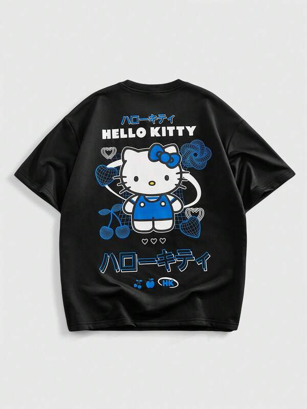 ROMWE MEN HELLO KITTY AND FRIENDS | ROMWE 男士休闲字母猫咪印花圆领短袖T恤，夏季