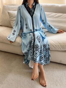 DAZY Geometric Pattern Allover Print Satin & Lace Patchwork Loose Robe For Women Pajamas - Blue - View 4