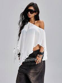 TypaGal Top décontracté polyvalent pour usage quotidien pour femmes, de couleur unie, avec décoration d'épaule asymétrique et clous - Blanc - Voir 4