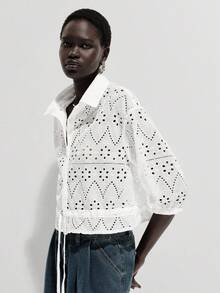 SHEIN Luminelle Women's Elegant Cinched Waist Embroidered Blouse, Suitable For Spring/Summer Vacation - White - View 8