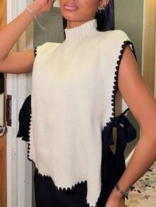 Natali Santanap Áo vest dệt kim cổ đứng xẻ tà viền tương phản dành cho nữ vào mùa thu/đông - Màu be - Xem 4