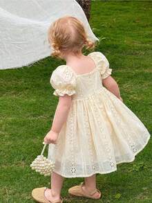 LMoss Kids 女婴纯色梭织方领花瓣袖休闲连衣裙 - 白色 - 查看 7