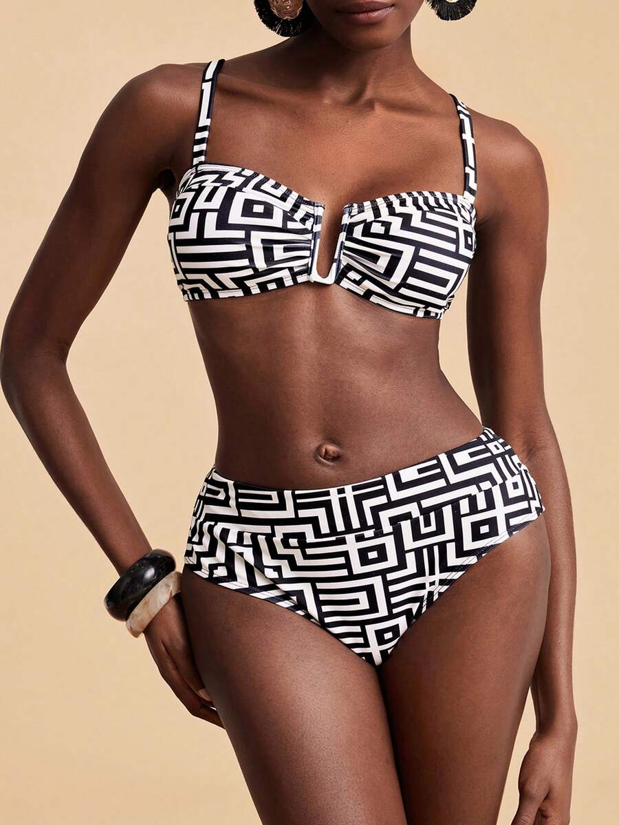 Travachic 大码女士性感印花分体比基尼套装，适合海滩和度假 - 黑與白 - 查看 1