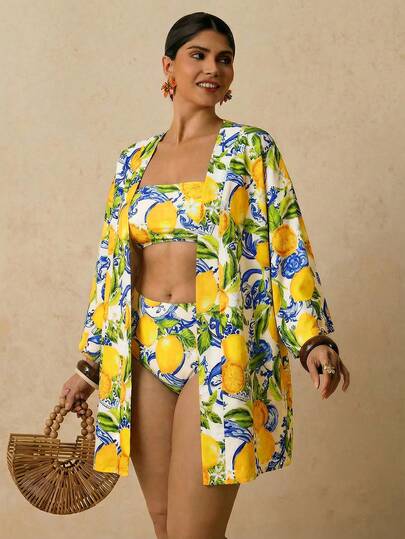 Travachic 加大码女式杏色海洋鱼印花雪纺和服罩衫，中长款宽松浪漫早春海滩保暖春季图案衬衫