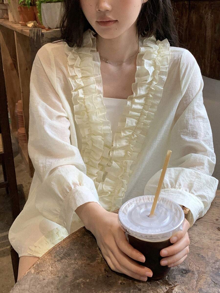 DAZY Áo sơ mi dài tay nữ kiểu dáng tươi mát, thích hợp cho mùa xuân/hè. - Màu be - Xem 1