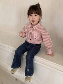 Dazy Kids 女婴蝴蝶刺绣开衩牛仔裤 - 藍色 - 查看 5