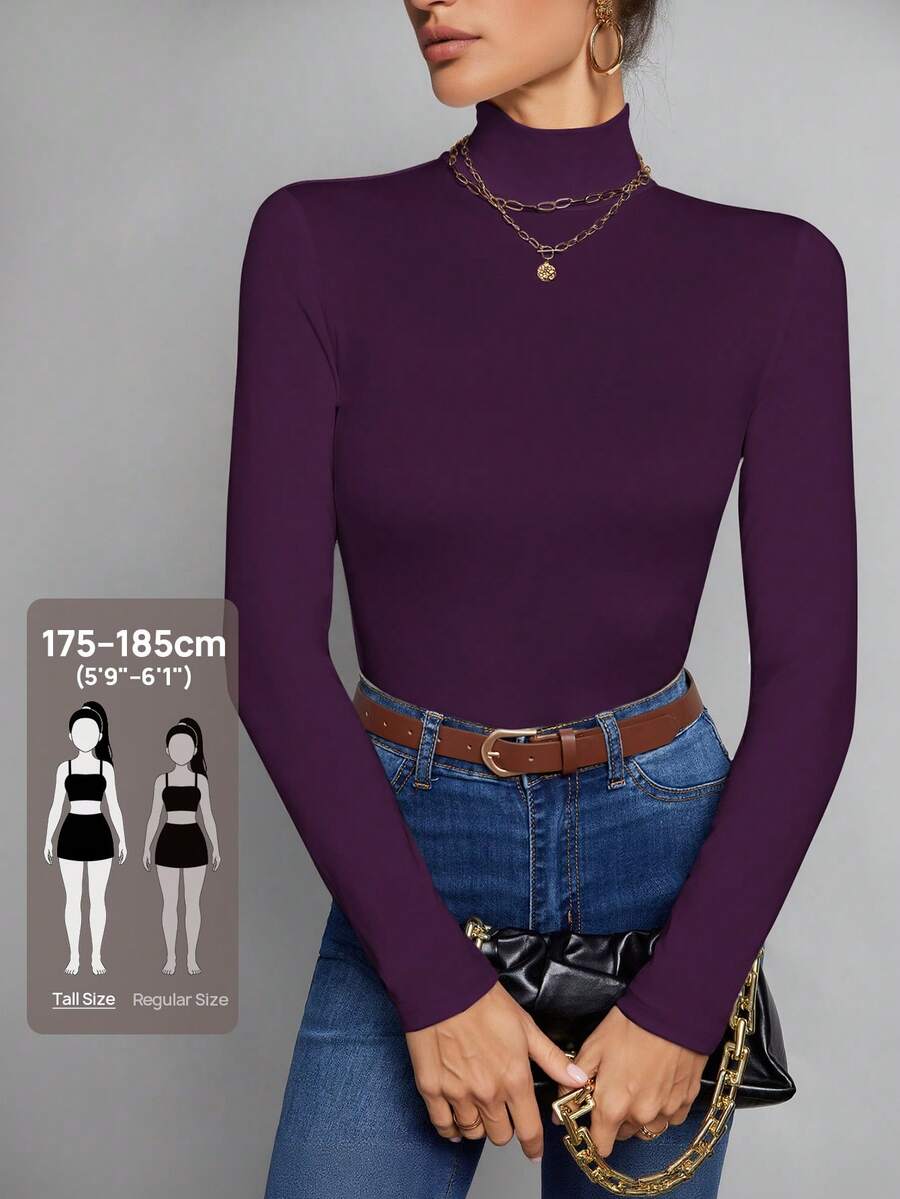 SHEIN Tall Atasan Putih Polos Sederhana dengan Kerah Tinggi, Cocok untuk Musim Gugur dan Musim Dingin, untuk Wanita Tinggi - Purple - View 1