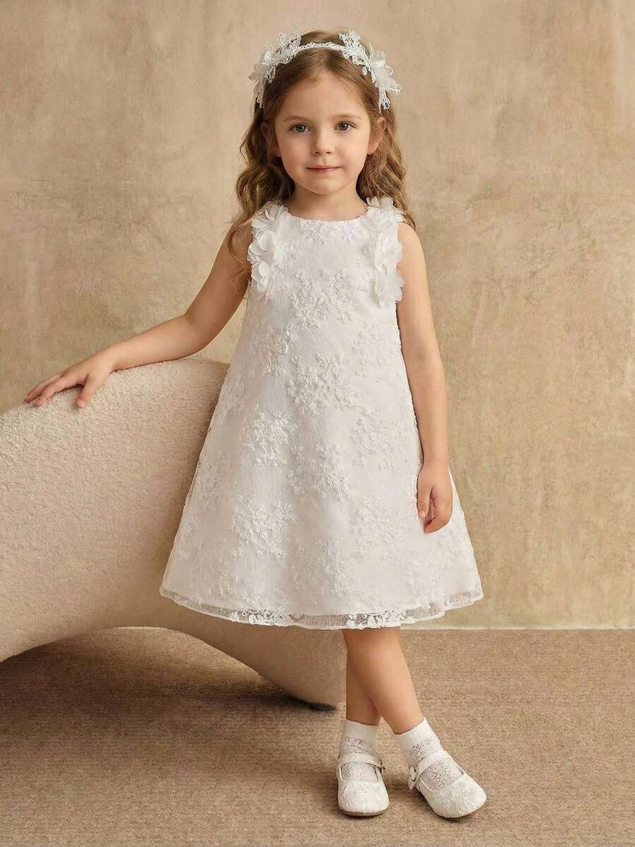 SHEIN Glamorique Kids 女婴公主裙，花童礼服，白色刺绣网纱裙，A字裙摆，3D立体花朵装饰，生日派对，婚礼节日正式礼服，欧美风，中东风，可爱优雅的正式礼服