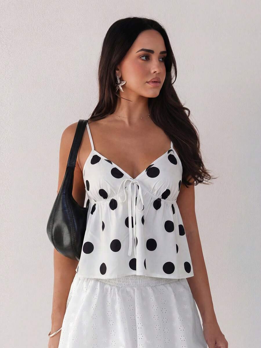 Rafferiza Áo hai dây kiểu babydoll xoắn họa tiết chấm bi dành cho nữ, thích hợp cho kỳ nghỉ hè ở bãi biển. - trắng - Xem 1