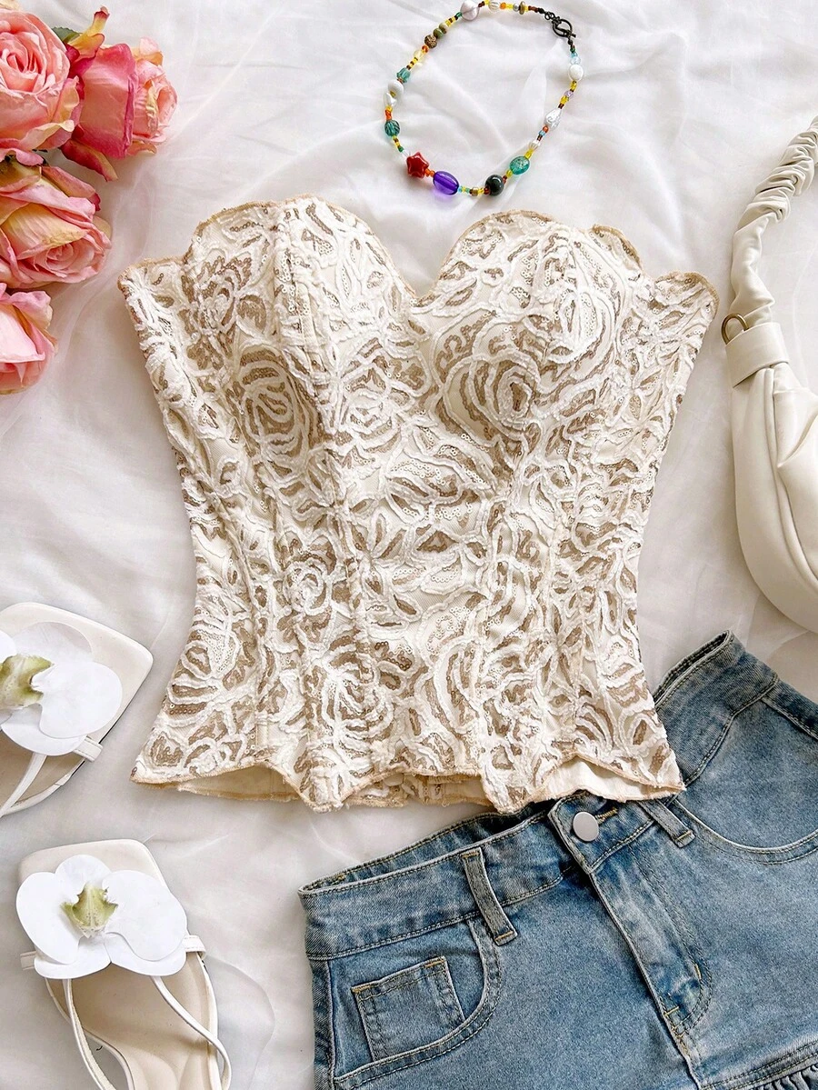 Soleia 露肩蕾絲雙層貼身束身胸衣上衣,鏤空刺繡白色金屬色夏季優雅婚禮賓客夜店女裝套裝 - 彩色 - 查看 1