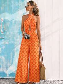Vivid Eden Women's All-Over Print Halter Tie-Up Backless Casual Jumpsuit Beach Party Outfit For Women Women S Summer Outfits Summer Outfit For Women Jumpsuit - Orange - View 4