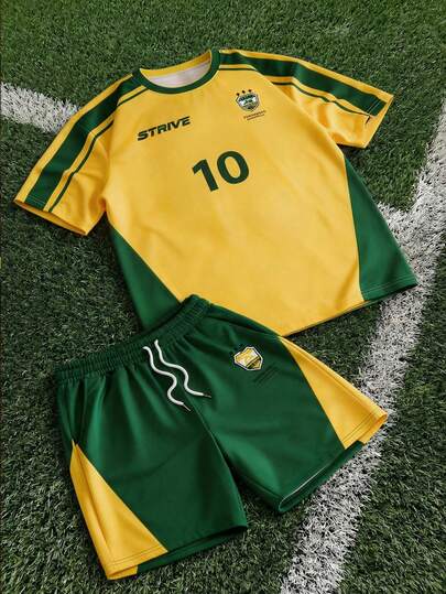 AXEPEAK Men's Casual Vacation Comfortable Contrast Color Round Neck Short Sleeve T-Shirt And Drawstring Waist Shorts Set