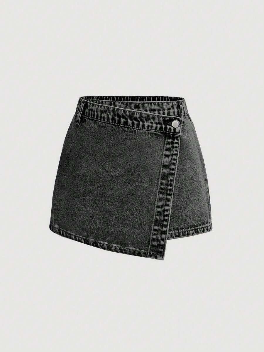 SHEIN 少女Y2K水洗春假不对称腰部裹身牛仔短裙，夏季 - 黑色 - 查看 1