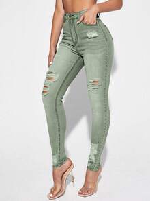SHEIN Essnce Casual Distressed Denim Jeans, Simple & Fashionable For Everyday Wear - Green - View 3