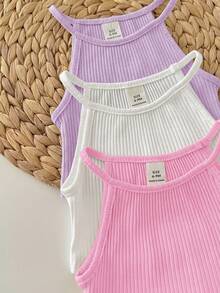 3pcs Baby Girl Summer Casual Vacation & Daily Wear Solid Color Ribbed Knit Halter Top - Multicolor - View 3