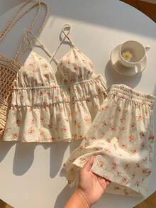 Comfortcana Conjunto casual de vacaciones con camiseta de tirantes y pantalones cortos con estampado floral ditsy para mujer - Multicolor - Ver 6