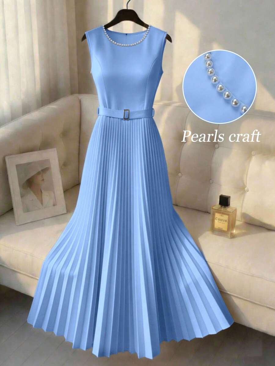 Franclia Đầm không tay xếp ly eo, màu trơn, đính ngọc trai giả dành cho nữ - Màu xanh bạc hà - Xem 1