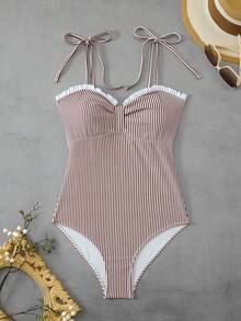Swim Mod 女士性感紧身假日条纹休闲连体泳衣万圣节商店庆祝活动夏季海滩度假 - 棕色 - 查看 3