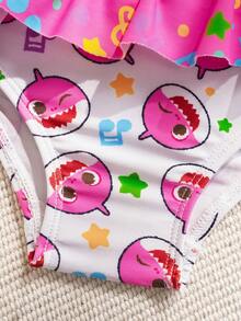 BABY SHARK X SHEIN Áo tắm tankini in hình hoạt hình xếp nếp cho bé gái - Hồng - Xem 5