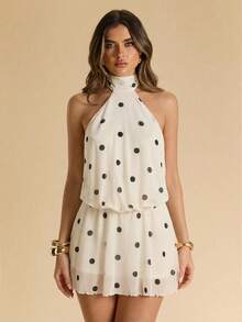 SHEIN BAE Women's White And Black Polka Dot,Summer,70's,70s Retro,Party Backless Spaghetti Strap Mini Dress,Vacation Outfit,Elegant Valentine's Day Dress - Black and White - View 6