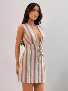 SHEIN SXY 大码条纹印花深V领系带无袖连衣裙 - 粉色 - 查看 4