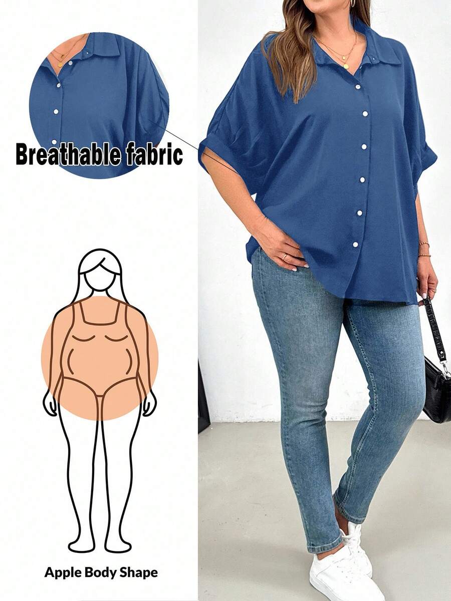 Shapeblank 大码女装春夏时尚休闲宽松舒适日常百搭修身轻薄黑色纽扣衬衫,女士衬衫,工作上衣,教师衬衫,简约风格 - 藍色 - 查看 1