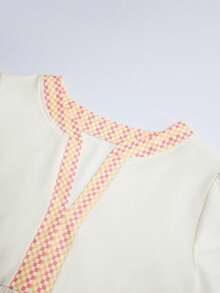 SHEIN Franclia Beach Day Party Vacation Retro Elegant Floral Decor V-Neck Women Shirt Pink Checkered Summer - Beige - View 4
