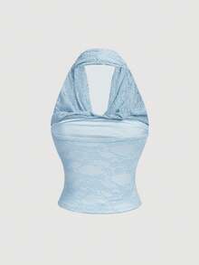 SHEIN MOD 女士蕾丝拼接荷叶边休闲百搭日常上衣 - 藍色 - 查看 10