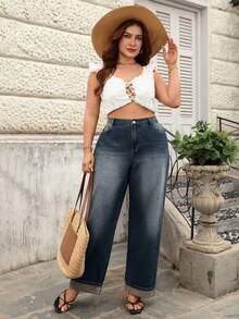 SHEIN Holidaya Quần jean ống rộng dáng suông phối màu tương phản cỡ lớn - Rửa trung bình - Xem 3
