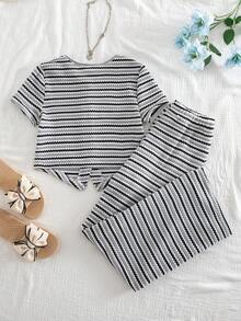 Summer Tween Girl Striped Bow Decor Button Round Neck Short Sleeve T-Shirt And Casual Pants Set Summer Outfits - Grey - View 2