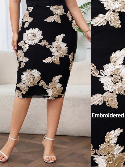 Reflora Chân váy bút chì thanh lịch dành cho nữ cỡ lớn, chất liệu dệt kim thêu.