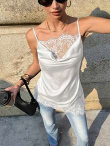 Siren Gaze Women's Summer Minimalist Solid Color Contrast Lace Asymmetric Hem Camisole,Summer Top - White - View 11