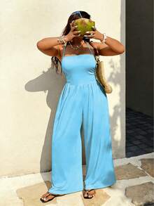 Sunnyshic New Spring/Summer Sexy Black Fitted High-Waist Strapless Cold Shoulder Casual Slimming Wide-Leg Jumpsuit - Baby Blue - View 4