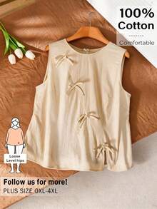 CosyJoli Áo camisole mùa hè tối giản, cổ tròn, màu trơn, cỡ lớn, có nơ trang trí. - Màu be - Xem 5