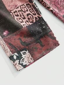 ROMWE Grunge Punk Retro Leopard & Floral Print Y2K Style Fitted Denim Shorts - Baby Pink - View 4