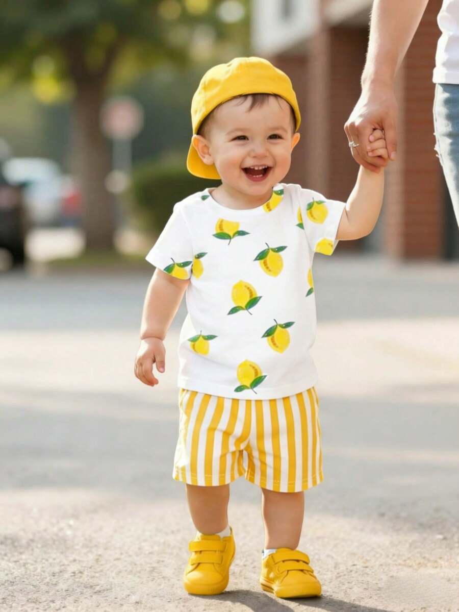 SHEIN Playful Pals Bộ 2 món đồ cho bé trai, thoải mái, dễ thương, in hình chanh, tay ngắn và quần short kẻ sọc, áo cho bé trai, bộ đồ bé trai, quần áo trẻ em, xuân hè, đa năng mùa hè, thích hợp cho chụp ảnh, mặc hàng ngày, đi chơi, nghỉ lễ, làm quà tặng.