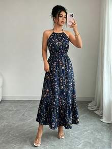 Elenzga Printed Camisole Elastic Waist Casual Dress For Women - Royal Blue - View 4