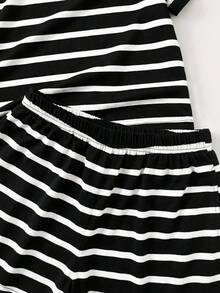 SHEIN 2pcs/Set Tween Girls' Round Neck Short Sleeve Striped Ruffle Sleeve T-Shirt And Striped Shorts - Black and White - View 8