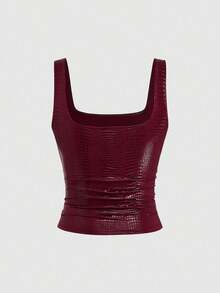 Sweetra Nueva moda Camiseta de tirantes ajustada de PU con estampado de cocodrilo burdeos, para uso diario, fiesta, club, primavera/verano, mujer - Burdeos - Ver 2