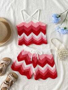 2pcs/Set Young Girl's Fashionable Casual Beach Vacation Summer Crochet Contrast Color Halter Top And Shorts Set, Unique Crochet Outfit - Red - View 5