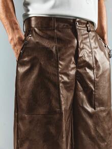 ROMWE MEN Street Life Men's PU Leather Solid Color Slant Pocket Casual Shorts - Brown - View 2