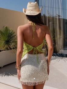 Bris Aura Áo kiểu nữ mùa xuân hè, đính cườm, thêu hoa 3D, xẻ tà, viền tua rua, cổ yếm, hở lưng, màu xanh lá cây. - màu xanh lá - Xem 2