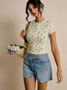 Poéselle 女士休闲碎花修身T恤 - 黃色 - 查看 6