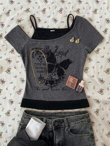 Teen Girl Casual Retro Print 2 In 1 Short Sleeve T-Shirt - Dark Grey - View 7