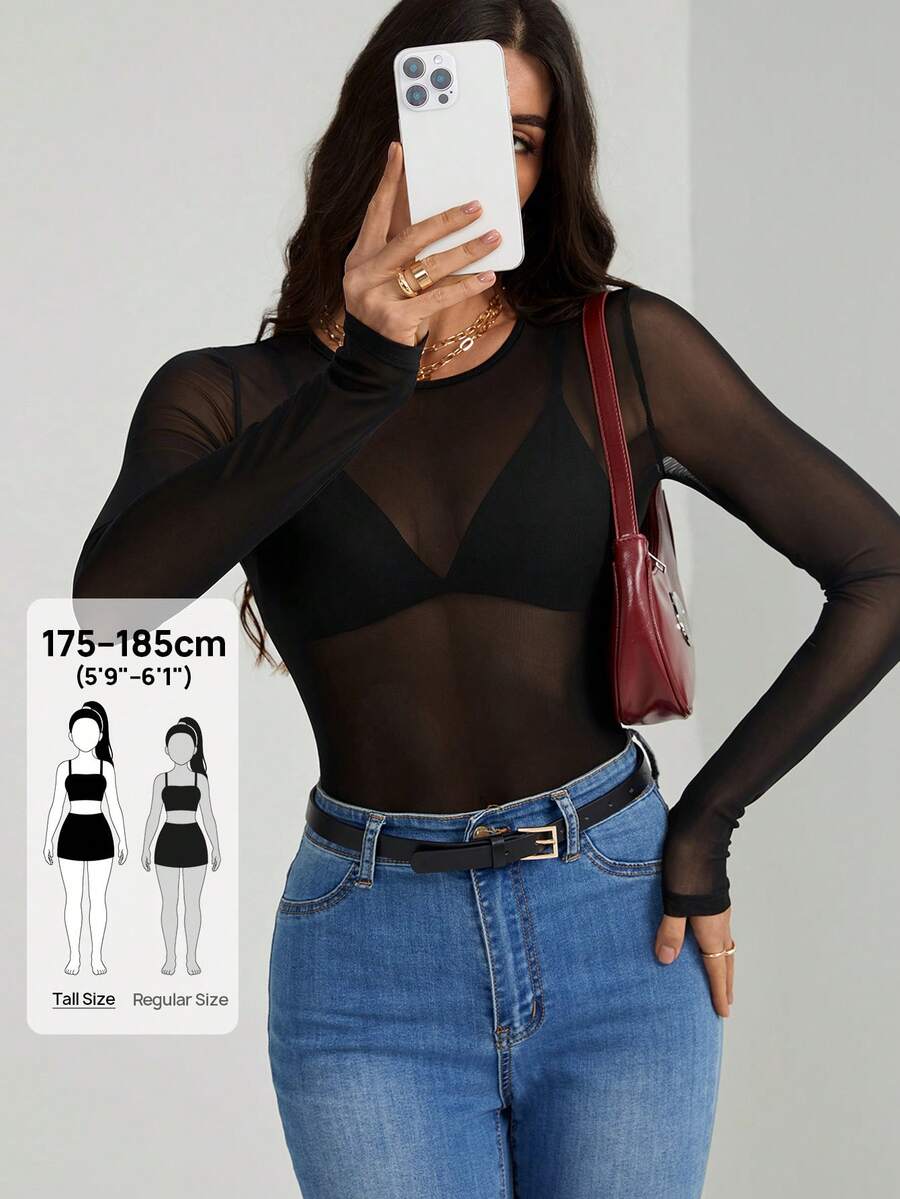 SHEIN Tall Bộ đồ liền thân lưới trong suốt không cần đồ lót - màu đen - Xem 1