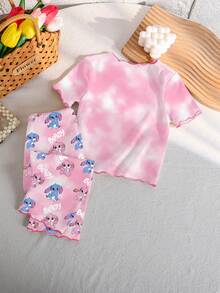 Bộ đồ ngủ 2 mảnh cho bé gái, họa tiết thỏ hoạt hình dễ thương nhuộm tie-dye, phong cách Y2K ngọt ngào, áo tay ngắn viền lượn sóng tương phản và quần dài, đồ mặc nhà thoải mái. - Hồng - Xem 3