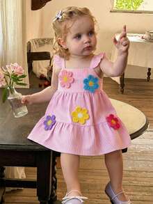 SHEIN Baby Girl Summer Casual Striped Dress With 3D Floral Decor - Pink - View 13