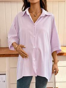SHEIN Maternity Striped Drop Shoulder Single-Breasted Casual Loose Shirt - Pink - View 3