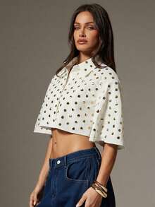Denimoi Women's Metal Polka Dot Design Short Sleeve Cropped Fashionable Blouse - Apricot - View 4